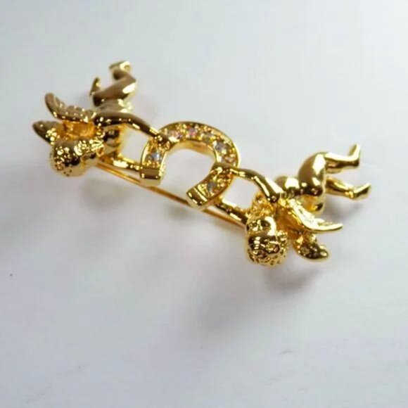Kirks Folly Aurora Borealis Rhinestone Cherubs Lucky Horseshoe Gold Tone Pin 2" - Picture 5 of 7